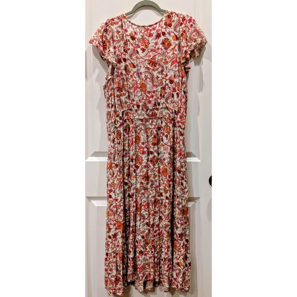 Knox Rose XXL Tiered Maxi Dress Floral Smocked Waist Ruffle Sleeve FREE SHIP - Picture 2 of 7